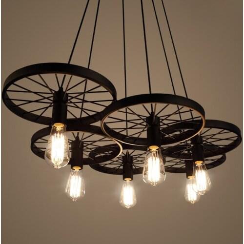 American Country LOFT Metal Wheel Pendant Light Vintage Industrial Lighting 1/3/6 Heads Hanging Lamp for Bar Restaurant Cafe