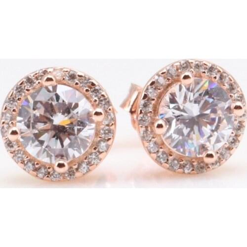 Authentic S925 Sterling Silver Pan Earring Classic Bright Round Rose Gold Earrings For Women Wedding Gift Fashion Jewelry