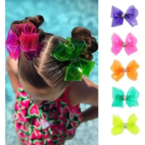 CN 5pcs/lot 4" Waterproof Jelly Bows Hair Bows With Clips For Girls Kids Glitter Knot Pool Bows Solid Hairpins Hair Accessories