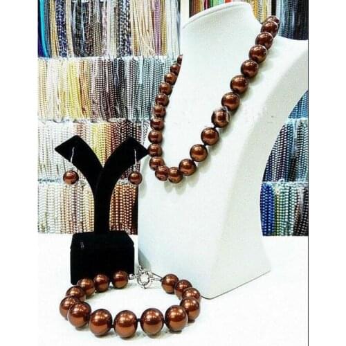 Free Shipping Big 12mm round chocolate South Sea Shell Pearl Necklace Bracelet Earring Set New