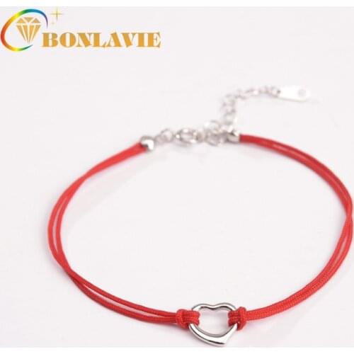BONLAVIE S925 Sterling Silver Red Rope Lovely Bracelet Lucky Birthday Heart-Shaped Hand Line Gift Female Sweet