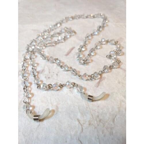 CLEAR Aurora Borealis Czech Glass Beads, Linked Silver Wire Eyeglass Chain