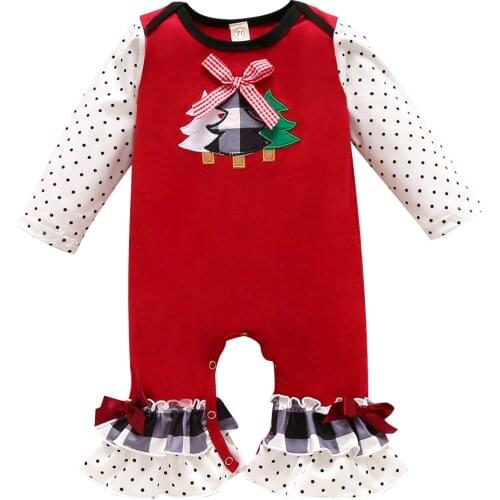 Baby Girls Boys Romper Infants Dot Long Sleeve One Piece Suit Christmas Tree Bow Ruffle Hem Clothes for Toddlers Santa Tree