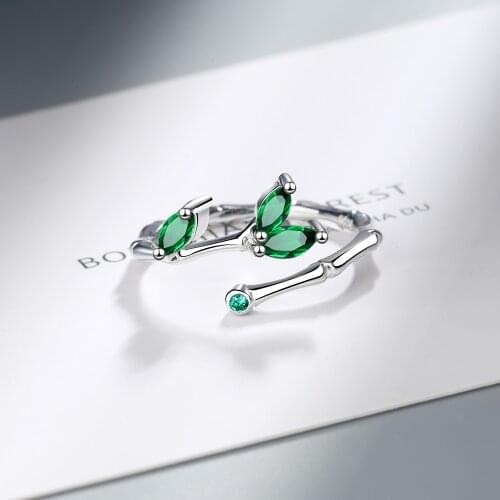 925 Sterling Silver Crystal Green Leaf Rings Adjustable Finger For Women Wedding Jewelry jz141