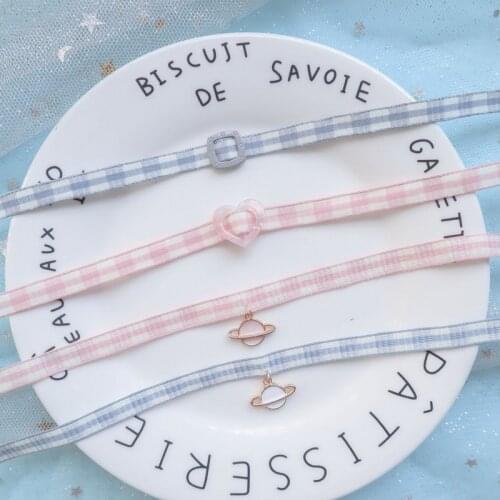 Korean Pink Plaid Fabric Choker Necklace for Women Girls Sweet Cute Heart Bowknot Clavicle Collares Neck Jewelry Gifts FS20