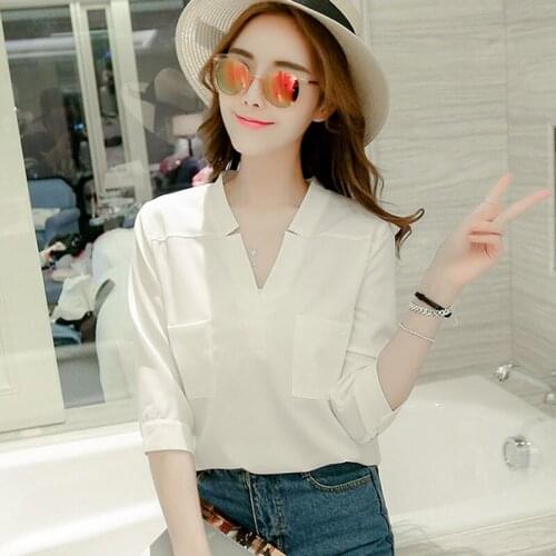 Sweet Women Plain Three Quarter Sleeve Blouse Trend Korean Double Pocket Shirt Loose Unique Design Chiffon Pullover Tops