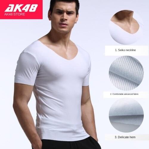 BOBTXS Mens Summer T-Shirt Casual Short Sleeve V-neck Solid Color Bottomed Shirt Slim Seamless T Shirt Men Sport Tops Tees