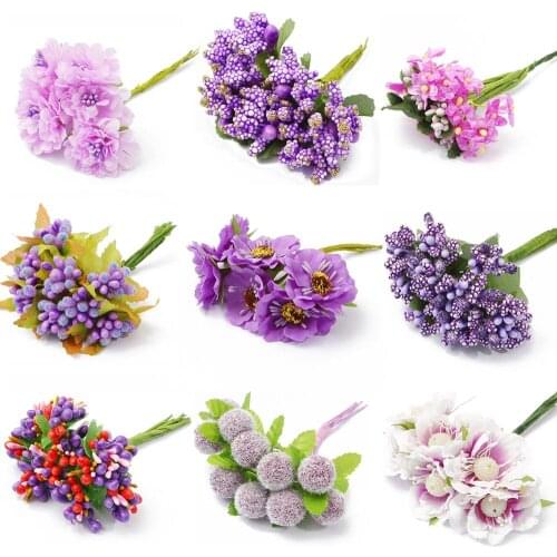6-90pcs Purple Hybrid Flower Cherry Stamen Berries Bundle DIY Christmas Decoration Wedding Cake Gift Box Wreaths Xmas Decor