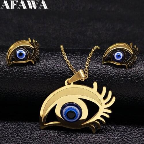 Fashion Evil Eye Stainless Steel Jewelry Sets Women Geometry Dubai Gold Color Jewelry Necklace Earrings Set bisuteria S178251