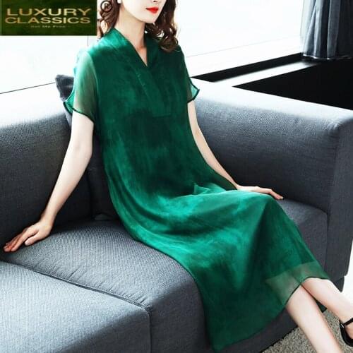 Real Summer Dress 100% Silk Dress Women Clothes 2021 Boho Mid Green Dresses Vinatge Elegant Ladies V Neck Vestidos 8599