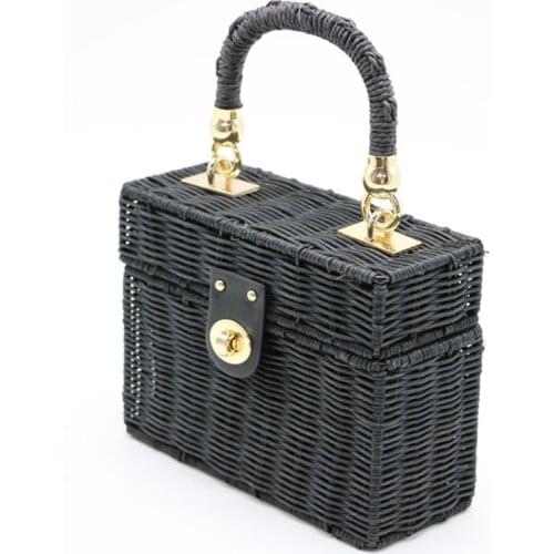 2021 Wholesale ZA New Rattan Black Straw Woven Bag Hand-woven Bag Summer Small Square Box Lock
