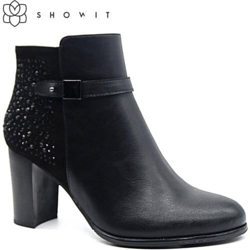 Novelty fall winter season womens ankle boots High Square heel with strap high quality faux leather and diamonds Autumn boots