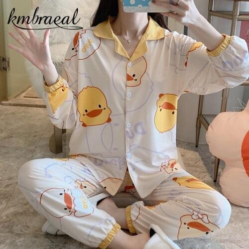 Pajamas for Women Sweet Cartoon Pyjamas Cute Duck Long Sleeve Yellow Homewear Ladies Sleepwear Sets Summer Spring Plus Size 2xl