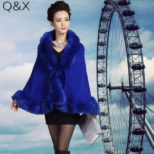 SC53 2019 New Autumn Winter Women High Quality Fake Fox Fur Collar Wool Cashmere Poncho Capes Knitted Cardigan Sweater Coat