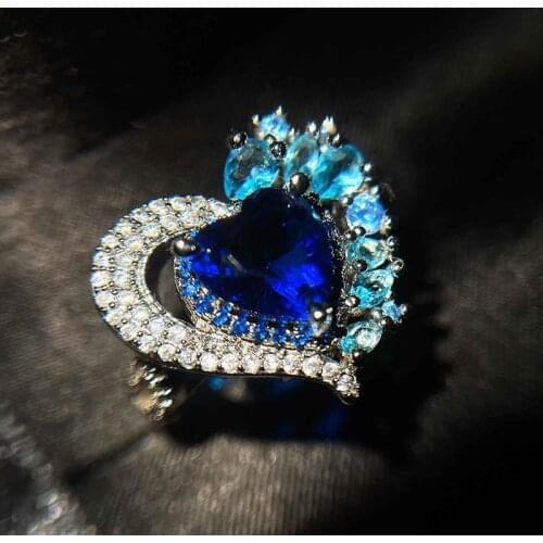 Silver inlaid high quality dark blue heart-shaped crystal colored gemstone opening adjustable ring for ladies engagement jewelry