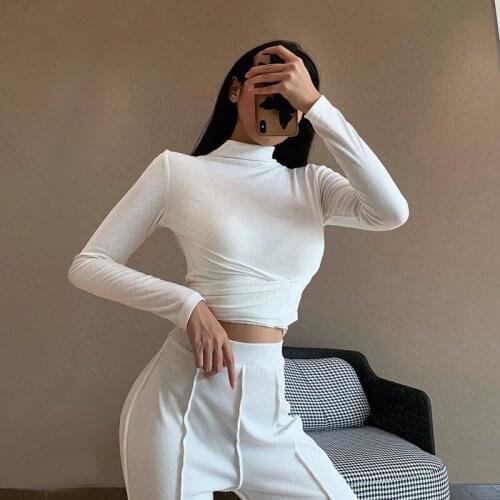 Turtleneck Long Sleeve Cropped Tops Autumn 2020 Women Irregular Drawstring Bandage Knitted Solid T-Shirt Sexy casual short top