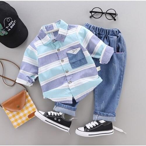 0-5 Years New Spring Children Boys Girls Lapel Striped Shirt Jeans 2Pcs/Sets Infant Clothes Suit Fashion Baby Casual Tracksuits