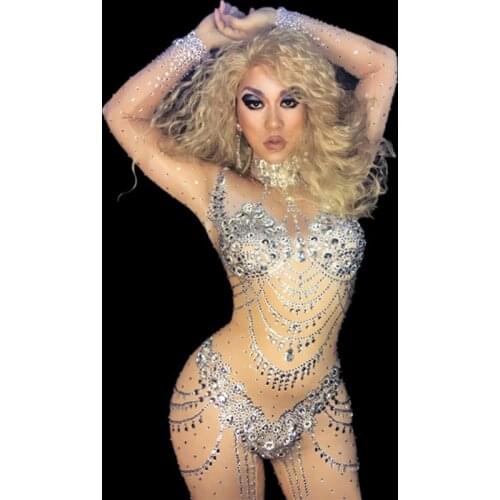 Sparkly Crystals Jumpsuit Costume Bling Big Stones Rompers Women Outfit Diamonds Bodysuit Party Celebrate Occasion Wear
