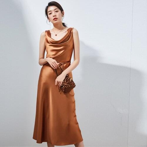 Summer Womens Swing Collar Acetate Satin Slim Fitting Evening Dress Suspender Formal Sheath Streetwear Spaghetti Strap Dress