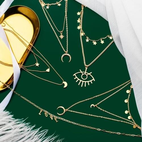 X&P Bohemian Multi Layered Necklace for Women Vintage Eye Star Moon Love Initial Pendant Necklace Geometric Collier Collares