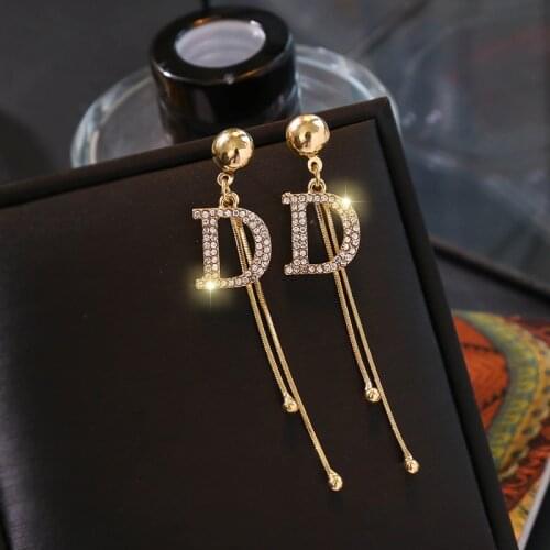 2020 Luxury Shining Crystal Earrings Gold Color Letter D shape Rhinestone Dangle 2020 Earrings for Women Wedding Party Jewelry