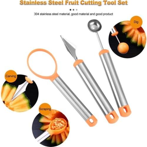 3Pcs Fruit Carving Knife Set Stainless Steel Fruit Carving Cutter Decorer Ball Digger for Watermelon Melon Ice Cream Frult Tools