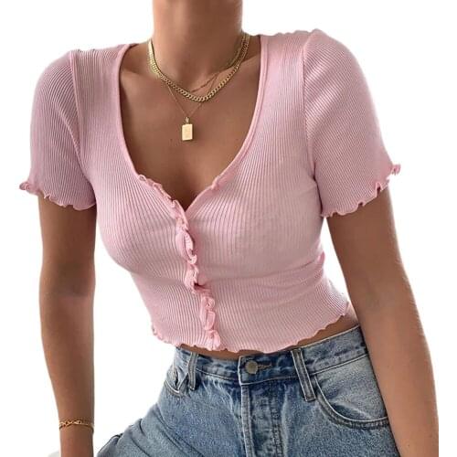 7Colors Women Casual Skinny Crop Top Short Sleeve Round Collar Solid Ribbed T-shirt Summer Soft Single-breasted V-neck Top S-L