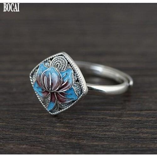 BOCAI New real pure S925 silver jewelry fashionable cloisonne peony plain ring open woman ring