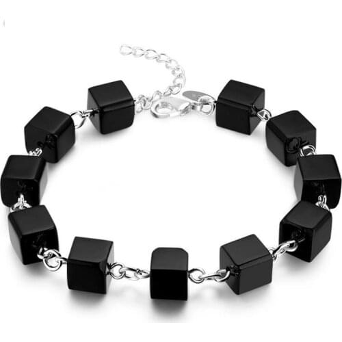 Charms Bracelet Natural Black Onyx Bracelets & Bangles For Women Men Silver color plated Jewelry Femme Bileklik Pulseira Love