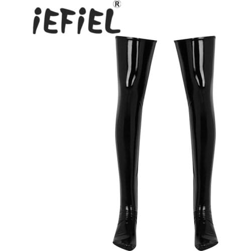 IEFiEL Mens Sexy Anti-skid Soft Elasticity Wetlook Patent Leather Thigh High Footed Stockings Clubwear Costume Cosplay Socks