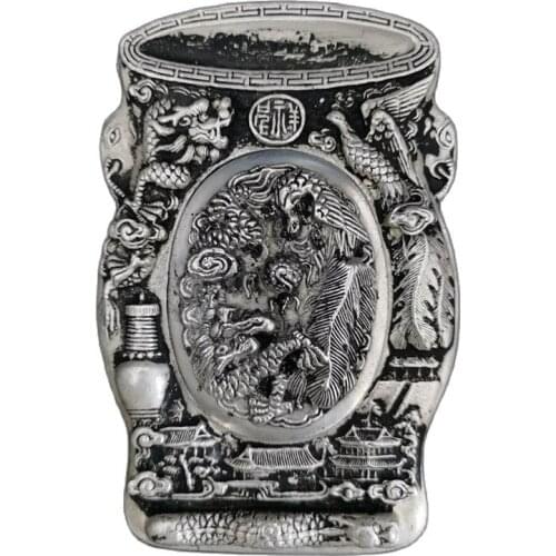 Chinese Old Tibetan Silver Relief Inkstone Plate With Silver The Dragon Phoenix Inkstone
