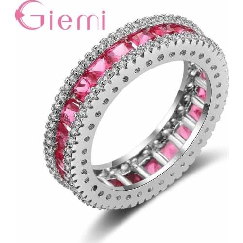 Latest Jewelry Women Trendy Narrow Loop Silver Ring Fine 925 Sterling Silver Bague Micro Inlay Full Rose Red Zircon Stone