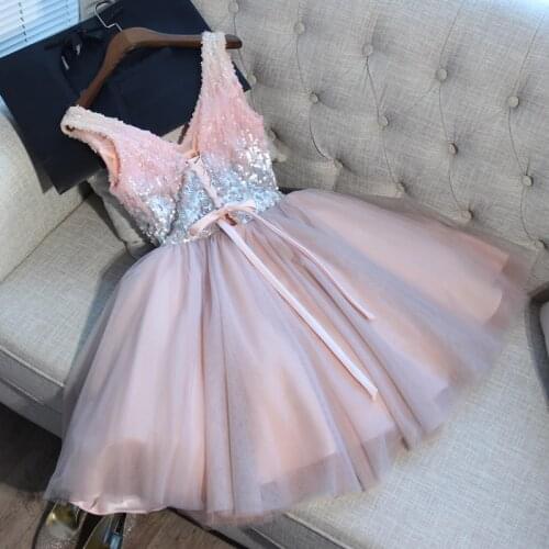 Beauty Lace Pink Lace Evening Dresses Short V-neck Prom Dresses Walk Beside You Party Gown Pink and Silver Sequined Elegant