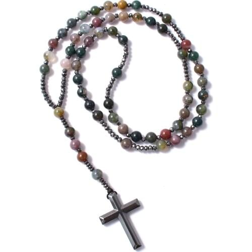Cross Long Necklace Hematite Crucifix Stone Protection onyx Catholic Necklace Christian Jewelry Religious Rosary Gift