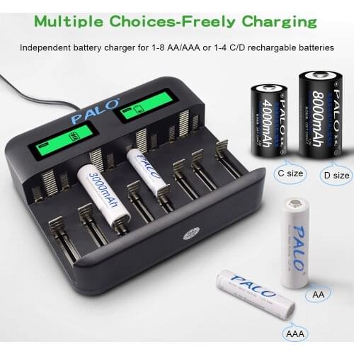 PALO Multi Usage 8 Slot LCD Display Battery Charger For Nimh Nicd AA AAA SC C D 9V Rechargeable battery usb quick smart charger