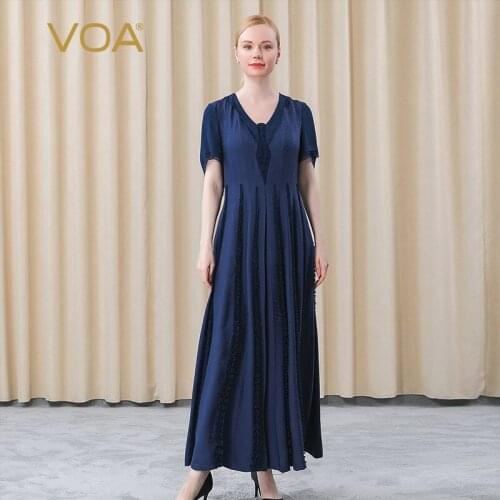 VOA Silk Jacquard Fold Stitching Placket Dark Blue Petal Sleeve High Waist Bump Three-dimensional Stripe Fashion Dress AE660