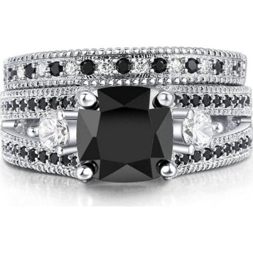 2 pc/set Fashion Black Zircon Ring Set For Women Party Engagement Famale Rings Jewelry Trendy Hand Accessories Size 5-12