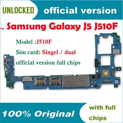 100% Original unlocked for Galaxy J5 J510F Mainboard for Samsung Galaxy J5 J510F Motherboard Singel / Dual Card