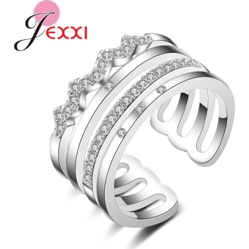 Real 925 Sterling Silver Wide Rings For Women Men Openning Adjustable Clear Crystal Exquisite Best Sister Girl Gift