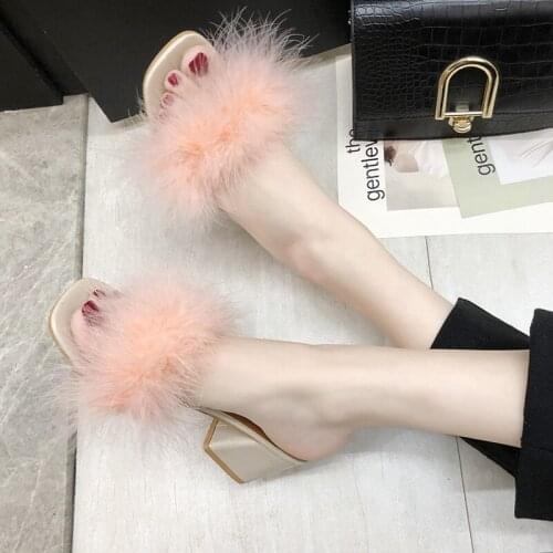 Fur sandals women/girls designer summer furry slippers thick high heels transparent sandalias ostrich fur flip flops for women
