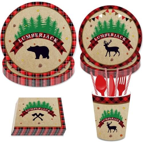 Lumberjack Dinner Plates Party Decorations Forest Animal Axe Silhouette Disposable Napkins Cups Tableware Xmas Party Favors