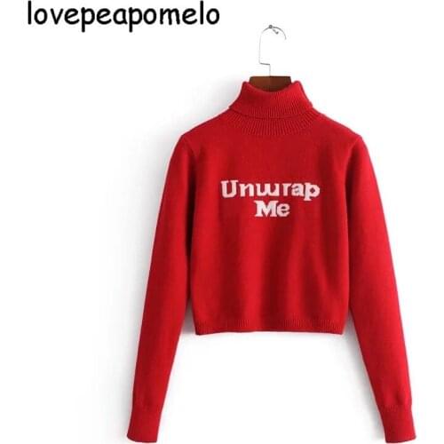 2018Europe And The United States Street Trend Lettering Turtleneck Sweater Winter Short Section Navel Womens Knit Pullover D153