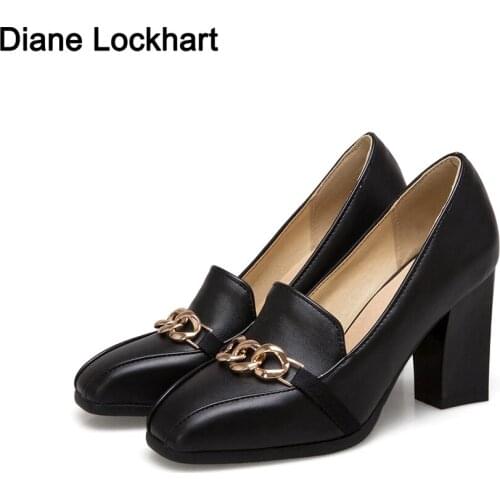 Big Size Heels Women Vintage Chain Hight-heel Loafers Metal Decoration Office Work Shoes Crude Heel Womens Pumps Zapatos Mujer