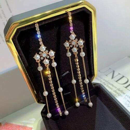 Womens long pearl tassel earrings temperament womens fine earrings exquisite girl gift