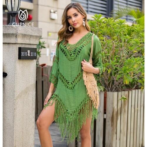 Womes bikinis 2021 V-neck half sleeve loose hand hook stitching tassel cover up beach blouse sunscreen clothing dropshipping