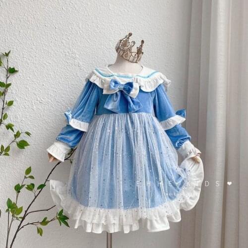 Girls Lolita Gold Velvet Dress wholesale baby girl bow thicken long sleeve princess dresses