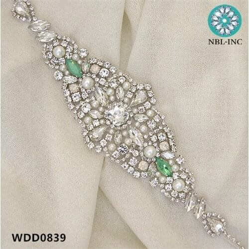 30PCS )Wholesale bridal hand beaded sewing crystal rhinestone sash applique iron on for wedding dresses WDD0839