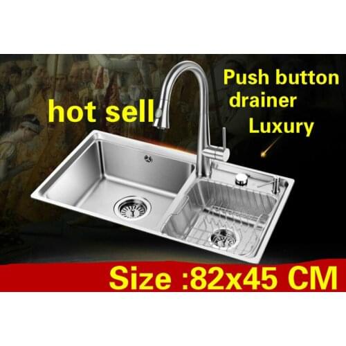 Free shipping Apartment kitchen double groove sink push button drainer 304 stainless steel do the dishes big hot sell 82x45 CM