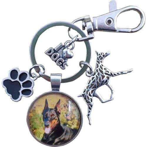 Doberman Husky Keychain Time Gem Simulated Dog Animal Pet Lover Key Ring Women Men Jewelry Birthday Party Gift Drop Shipping