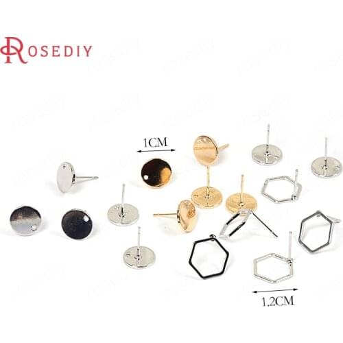 F587)10 pieces 1cm 1.2cm Gold Color Plated Brass Round Disk Hexagon Stud Earrings Diy Jewelry Findings Accessories Wholesale